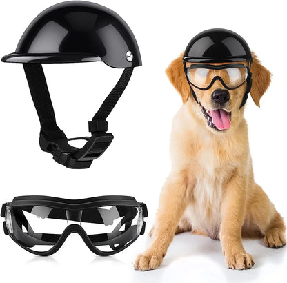 Dog Sunglasses and Pet Helmet Set,Dust Wind UV Protection Dog Glasses Dog Helmet and Goggles Adjustable Dog Motorcycle Helmet